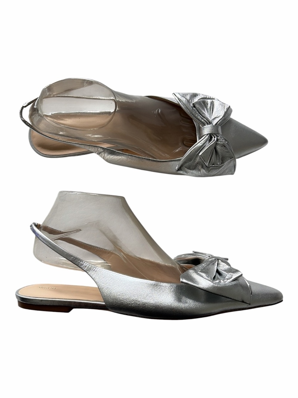 Anthropologie Maeve Bow Sling Back Flats 10M Metallic Festive Pointed Toe Silver